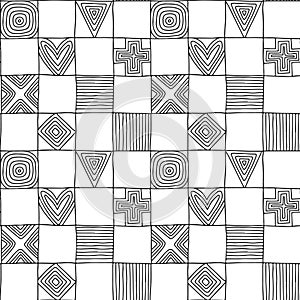 Seamless vector pattern. Black and white geometrical hand drawn background with figures, squares, hearts, triangle, cross, dots,