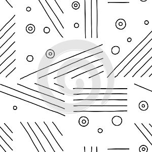 Seamless vector pattern. Black and white geometrical hand drawn background with lines, dots. Print for decorative wallpaper, packa