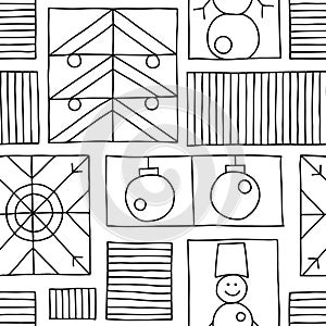 Seamless vector pattern. Black and white geometrical hand drawn background with snowflake, snowman, christmas tree. Decorative pri