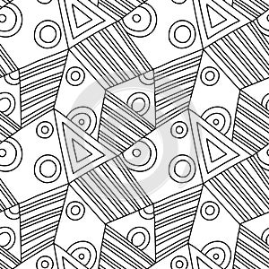 Seamless vector pattern, black and white lined asymmetric geometric background with rhombus, triangles. Print for decor, wallpaper