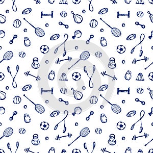 Seamless vector pattern. Blue background with sports equipment. Soccer ball, punching bag, gloves, barbells, dumbbells, racket, ro