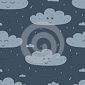 Seamless vector pattern of blue clouds with cute kawaii faces with raindrops on a blue background