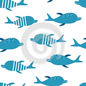Seamless vector pattern with blue dolphins isolated on a white background. Sea or marine print.