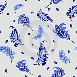 Seamless vector pattern with blue feathers on a gray background. Wallpaper, fabrics and textile design.