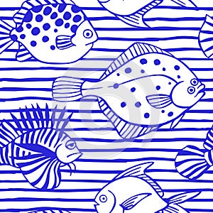 Seamless vector pattern with blue fish on a striped background