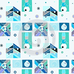 Seamless vector pattern. Blue geometrical hand drawn background with snowflake, snowman, christmas tree. Decorative print for