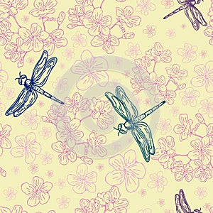 Seamless vector pattern. Blue, green and purple dragonflies flying over cherry blossoms on a yellow background.