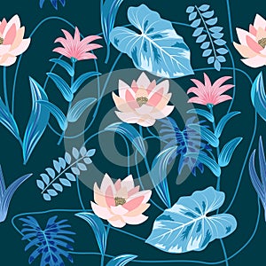 Seamless vector pattern of blue and pink exotic flowers. Tropical plant and palm leaves. Jungle bacground for fabric, textile