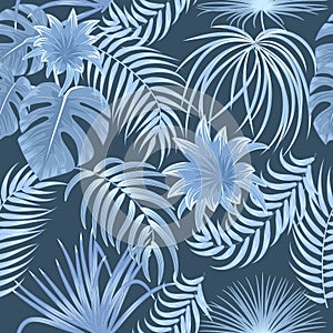 Seamless vector pattern with blue tropical palm leaves and flowers on dark background