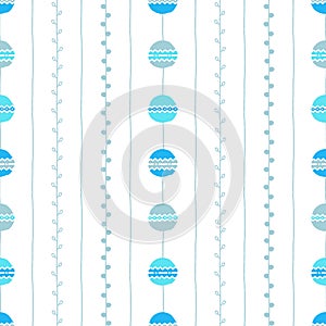 Seamless vector pattern. Blue vertical lines, circles and twigs on white background. Hand drawn abstract branch illustration