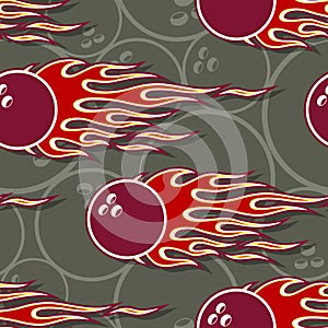 Seamless vector pattern with bowling ball icons and flames.