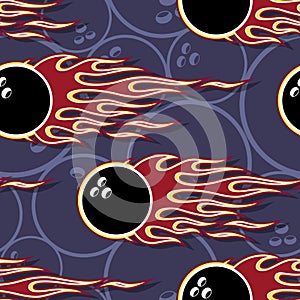 Seamless vector pattern with bowling ball icons and flames.