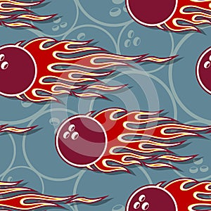 Seamless vector pattern with bowling ball icons and flames.