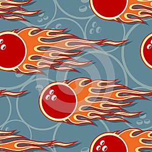 Seamless vector pattern with bowling ball icons and flames.