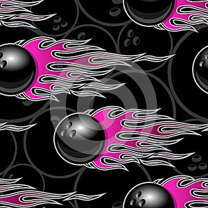 Seamless vector pattern with bowling ball icons and flames.