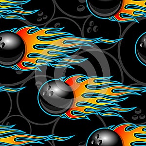 Seamless vector pattern with bowling ball icons and flames.