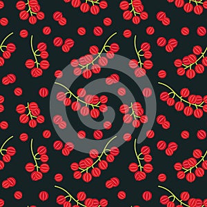 Seamless vector pattern with branches and berries of red currant on a dark background