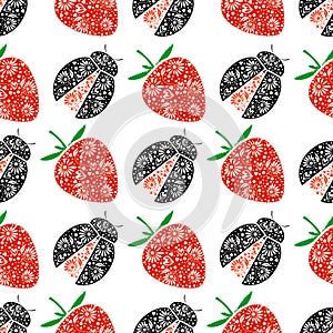 Seamless vector pattern, bright background with closeup decorative ornamental strawberries and ladybugs, on the white backdrop