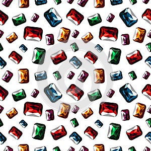 Seamless vector pattern. Bright chaotic background with closeup colorful gems on the white backdrop