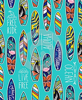 Seamless vector pattern with bright surfboards and stylish phrases on the blue background. photo