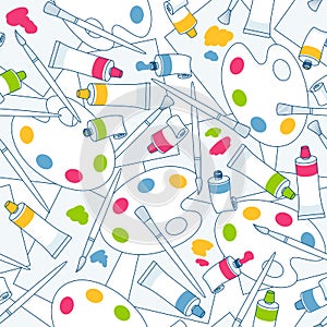 Seamless vector pattern of brushes, multi-colored tubes with paint, palettes and sheets of paper