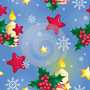 Seamless vector pattern with burning candle, Christmas holly, gold and red stars on a blue background with snowflakes.