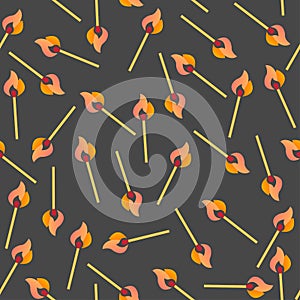 Seamless vector pattern with burning matches on dark background.