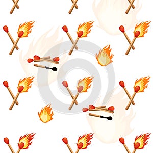 Seamless vector pattern with burning matches on white background.