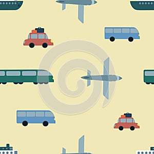 Seamless vector pattern with bus, plane, car, train, ship on light yellow background. Kids pattern for textile, wrapping paper,