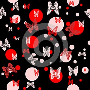 Seamless vector pattern with butterflies and circles on a black background.