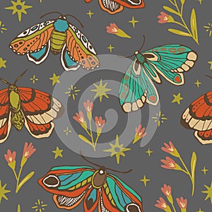 Seamless vector pattern. butterfly, flower, star. magic vintage illustration