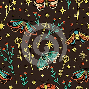 Seamless vector pattern. butterfly, flower, star. magic vintage illustration