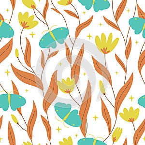 Seamless vector pattern. butterfly, flower, star. magic vintage illustration