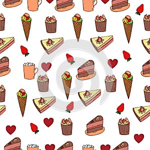 Seamless vector pattern, with cakes, ice cream, strawberry. Hand drawn illustration