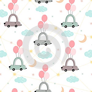 Seamless vector pattern A car with balloons floating in the sky on a white background