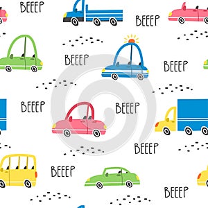 Seamless vector pattern with cars. Multicolored different cars. Lettering the Wroom and Beep