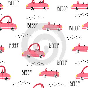 Seamless vector pattern with cars. Pink cars and convertibles. Pattern with cars for girls. Lettering the Wroom and Beep