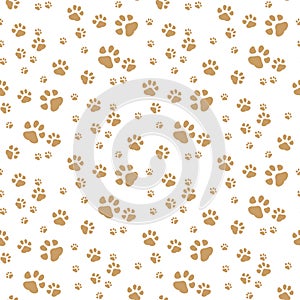 Seamless vector pattern with cartoon bones and paws on brown background.