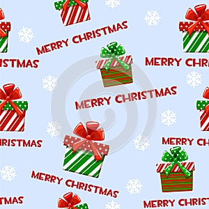 Seamless vector pattern with cartoon christmas green-red gifts on blue tile background.