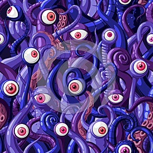 Seamless vector pattern of cartoon eyes and tentacles of monsters with blue and purple skin and pink eyes.