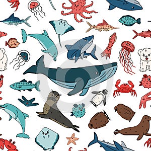 Seamless vector pattern of cartoon outline isolated sea ocean animals. Doodle whale, dolphin, shark, stingray, jellyfish, fish,