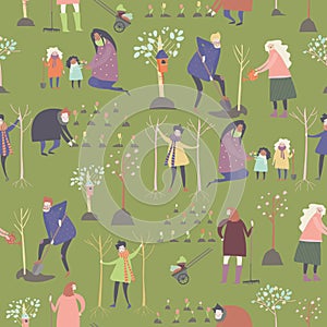 Seamless vector pattern with cartoon people are gardening in spring park