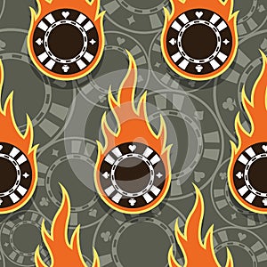 Seamless vector pattern with casino poker chips icons and flames