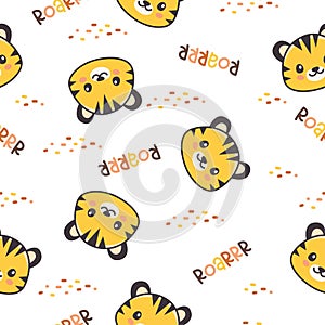 Seamless vector pattern. Cat footprints, kawaii style tiger cub face. Cute animal faces on white background, roar