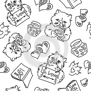 Seamless vector pattern with cats and hearts. Black line art on white background. Doodle. Cartoon illustration with cat in love