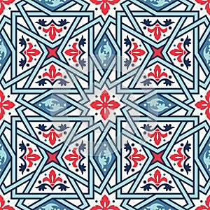 Seamless vector pattern. Ceramic tiles design. Red, blue, and white Arabic and floral elements. Geometric motif.