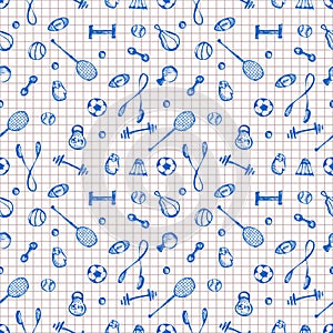 Seamless vector pattern. Checkred background with sports equipment