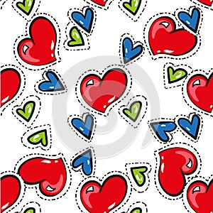 Seamless vector pattern with childish cartoon hearts. stickers. Hand drawn. Valentine day