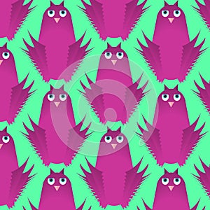 Seamless vector pattern, childlike cute flat design background with funny owl birds