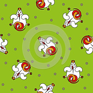 Seamless vector pattern for children. cartoon cockalorum top view and chamomile on a green background.